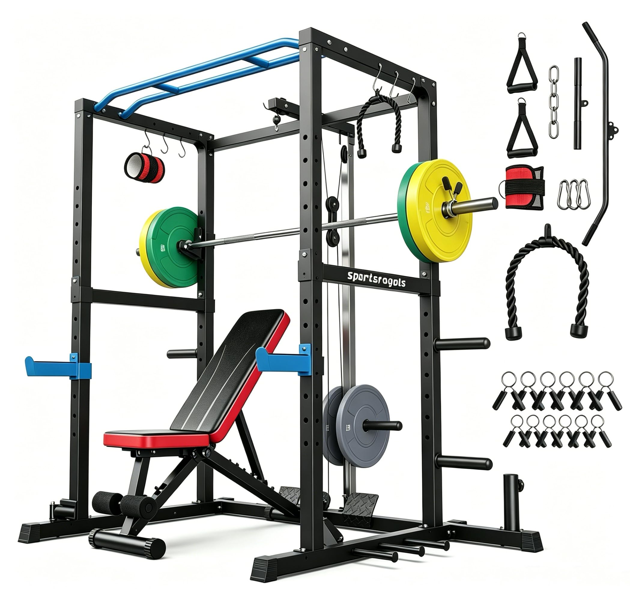 SPORTSROYALS Power Rack, Multi-Functional Power Cage, Squat Rack with Pulley System &amp; LAT Pull Down, Workout Cage with J Hooks for Home Gym