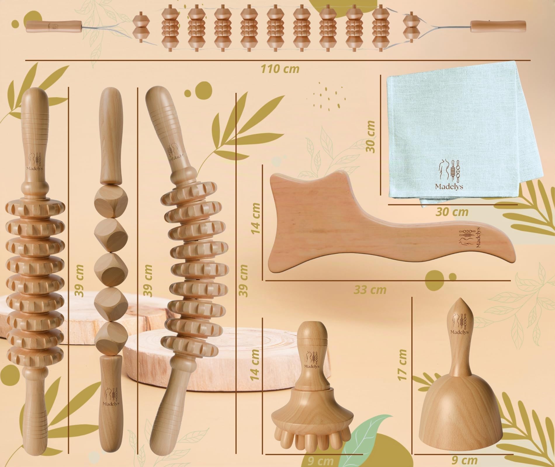 Kit Completo de Maderoterapia Corporal Anticelulitis – Herramientas de Masaje en Madera de Haya Certificada FSC® | Drenaje Linfático, Vientre Plano | Wood Therapy Premium MADELYS®