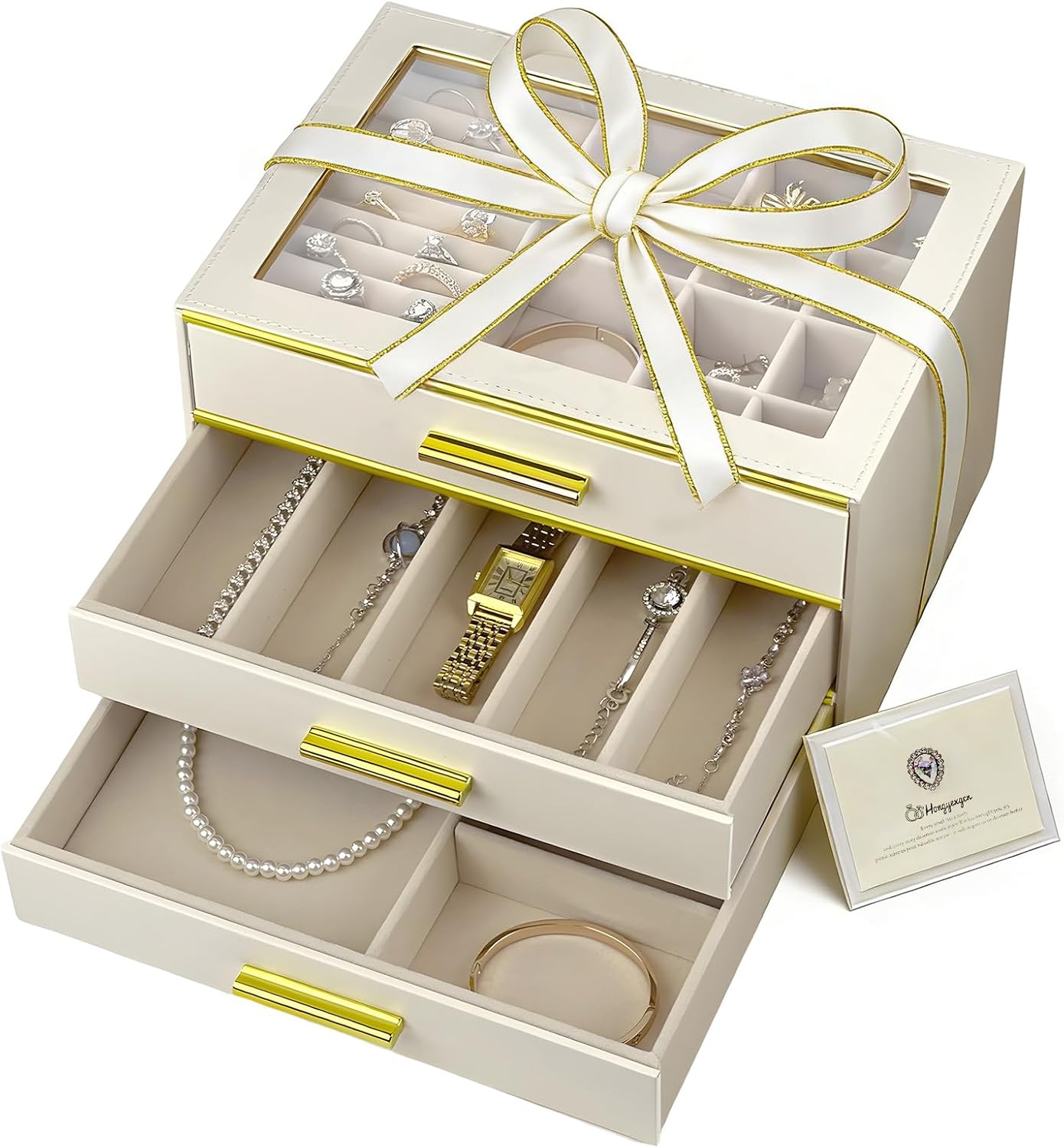 3 Layer Drawer Jewelry Box for Women, Glass Lid Jewelry Organizer for Necklaces Ring Earring Bracelets Watch ，Suitable for Indoor Fashion room Decoration and Travel Jewelry Case (Cloud White)