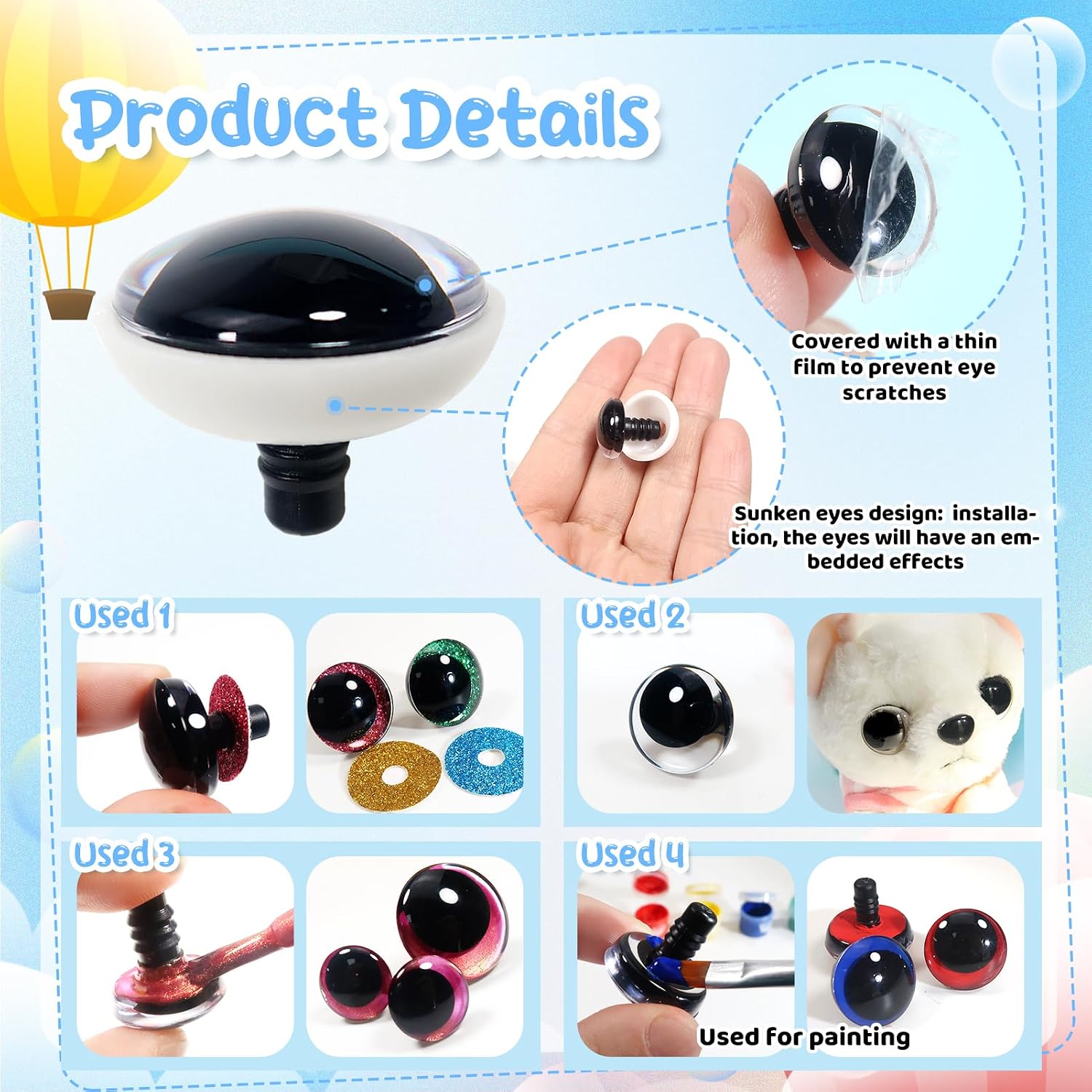 TOAOB 16pcs Plastic Safety Eyes 16mm Large Oval Craft Crochet Doll Eyes with Washers for Stuffed Animals Amigurumis Crocheting Dolls Making