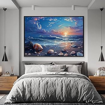 Amazon.co.jp: 絵画 夕暮れと日没の海に打ち上げられた貝殻