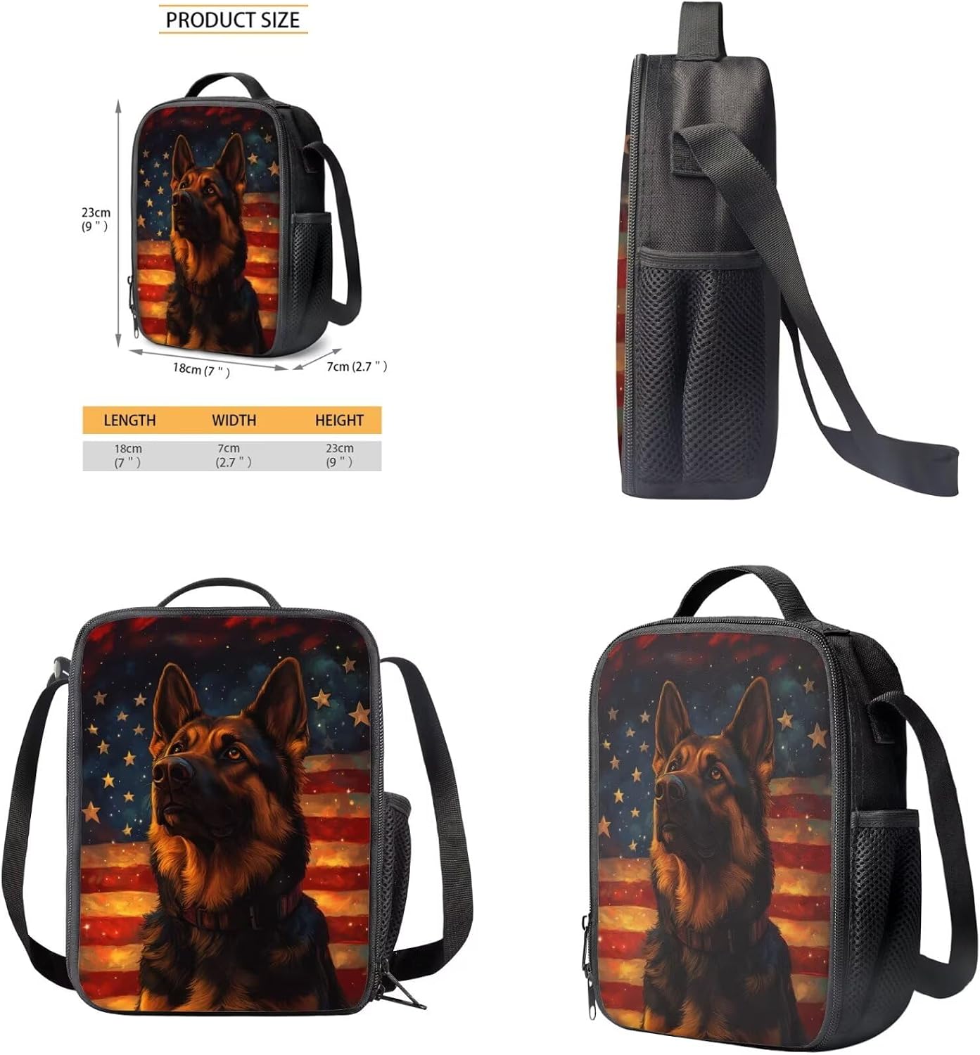 GIFTPUZZ American Flag Dog School Backpack for Boys 8-12 Cool Bookbag with Lunch Bag Lightweight 4-Piece Set Boys Daypack for Travel Outdoor Hiking
