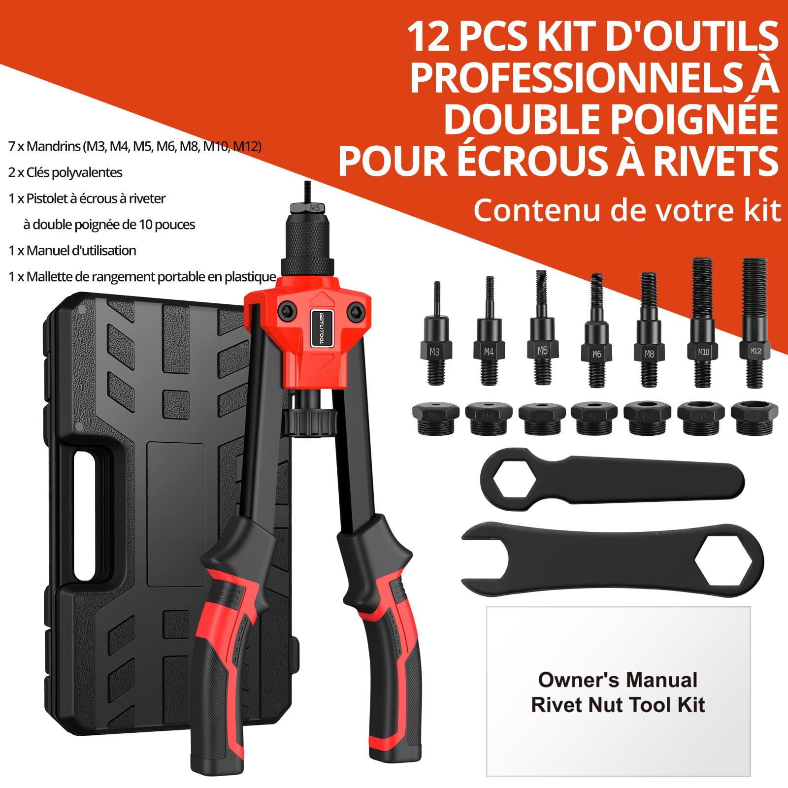 GETLITOOL Pince à Rivets Professionnelle Riveteuse Manuelle avec 7 PCS Mandrins M3 M4 M5 M6 M8 M10 M12，Pistolet à Riveter à Hôte Unique avec Étui de Transport pour Automobile,Meubles,Instruments