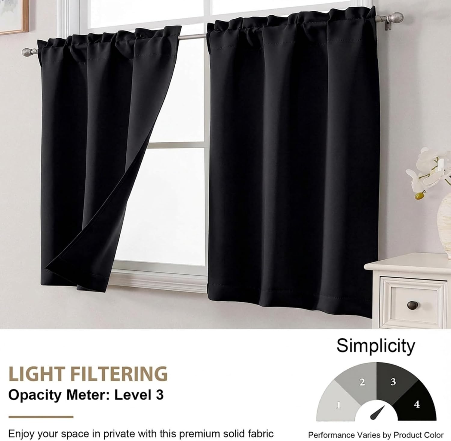 OVZME Black Cafe Curtains 24 Inch Length - Light Filtering Solid Small Kitchen Curtains, Short Window Curtains for Bathroom Basement RV Camper, 2 Panels, Each 30Wx24L