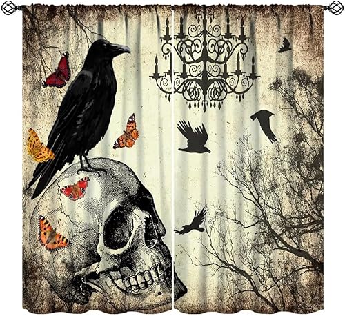 Cortinas de calavera de Halloween, periódico vintage, bosque brumoso, gótico, aterrador, estampado de cuervo negro, aislamiento térmico, tratamiento
