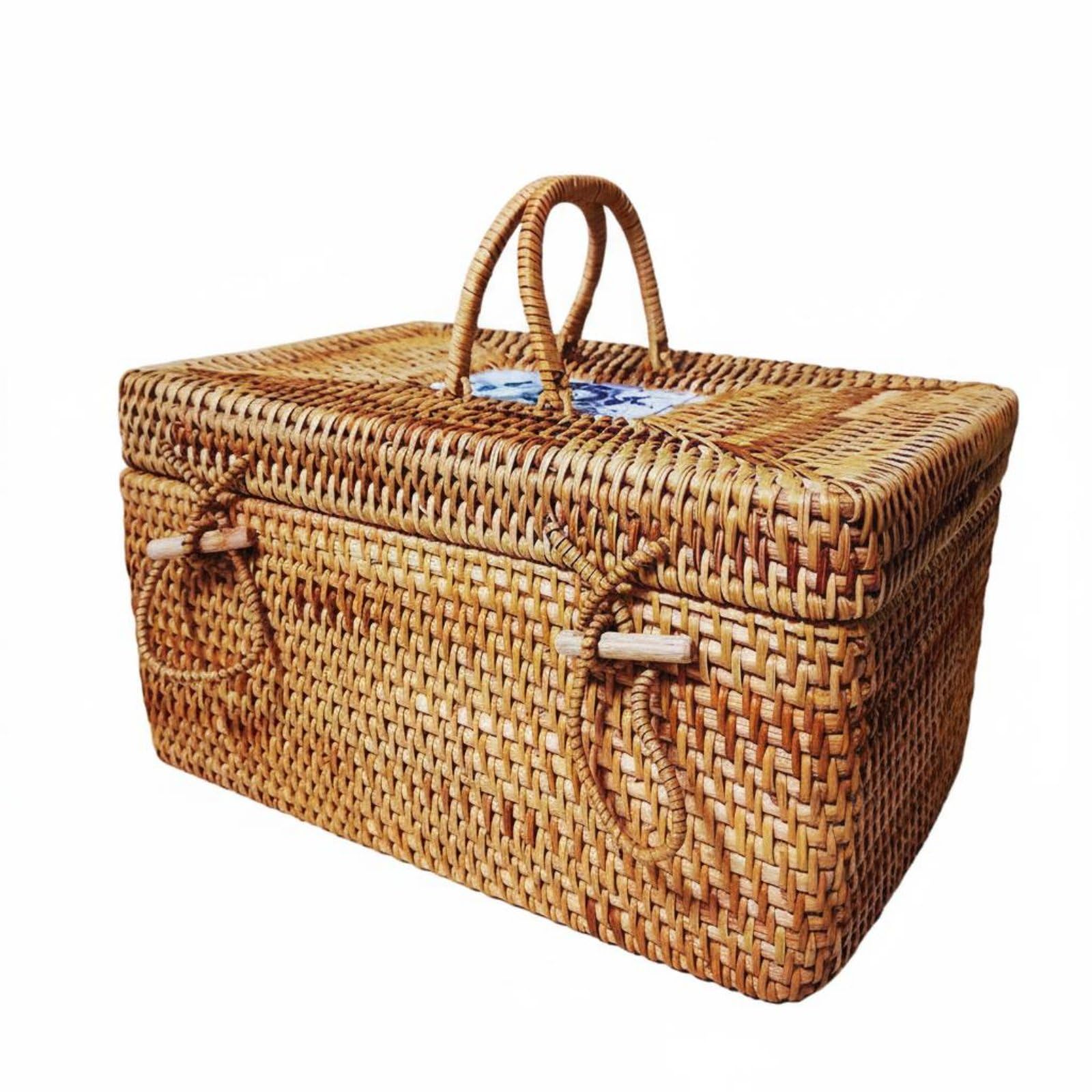 Enakshi® Vintage Design Handwoven Storage Chest with Handles Porcelain Tile Accent Woven Rattan Box with Lid for Tea Room, Bedroom, Handled Box 30*20*17|Antiques | Asian Antiques | China | Baskets-image-0