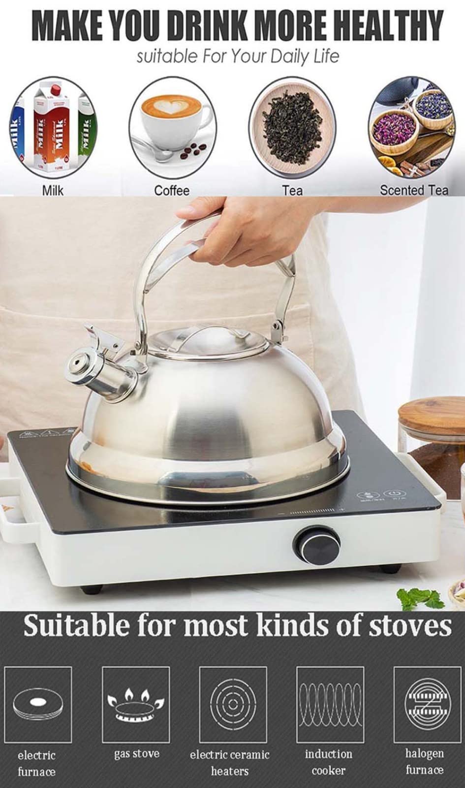 Hervidor silbante de acero inoxidable completo, hervidor de agua caliente, hervidor de cocina con placa de cocina, mango de acero, tetera de té para acampar, tetera para estufa de gas, cocina de induc