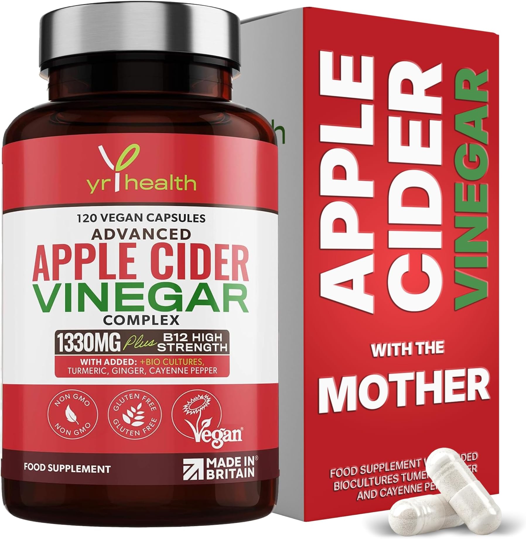 Apple Cider Vinegar Capsules Max Strength with Cayenne Pepper, Bio-Cultures, Turmeric, Ginger, Vitamin B12, 1330mg, 120 Vegan Keto ACV from Apples with Mother, UK Made by YrHealth