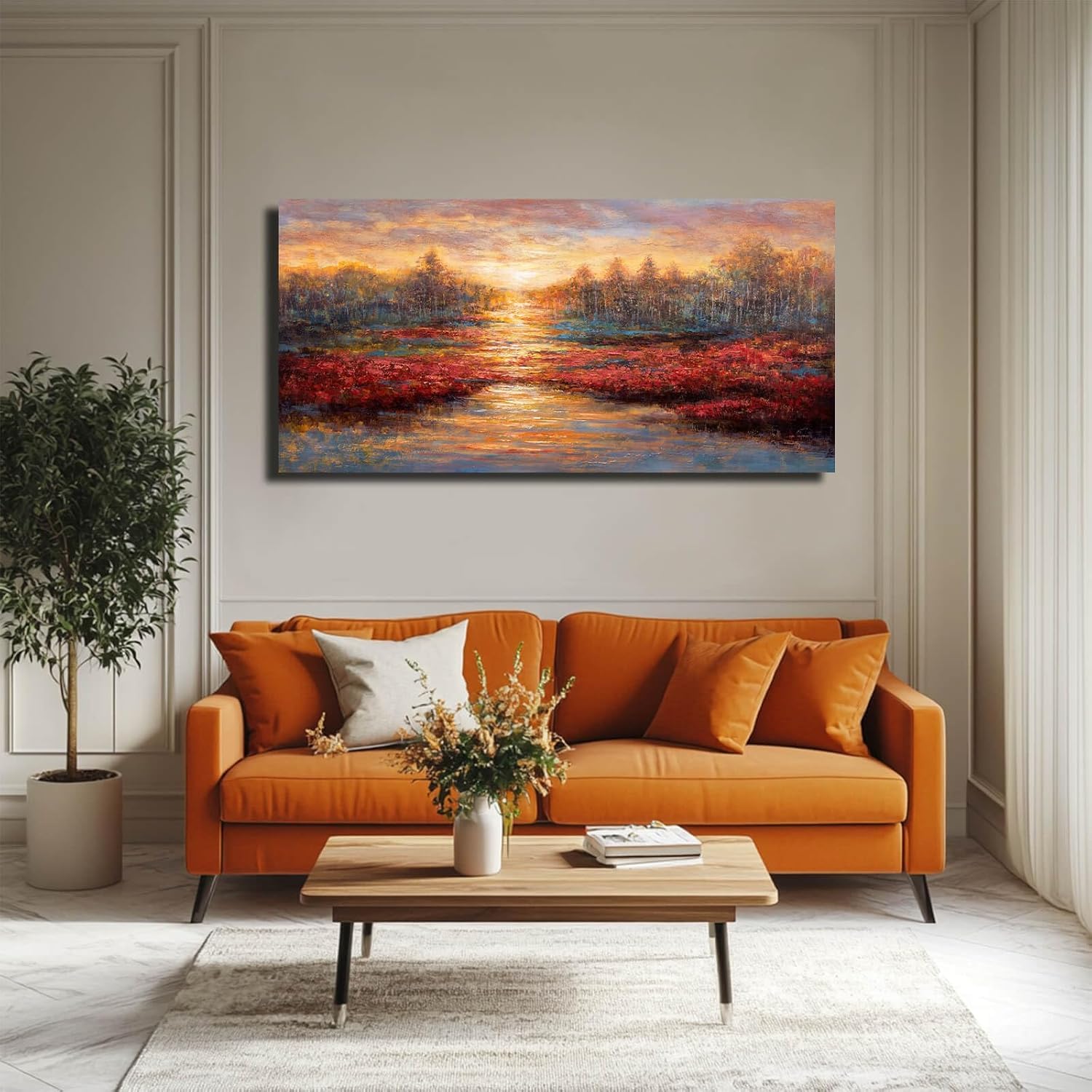 Sunset Glow Pictures Gold and Red Canvas Wall Art Nature Wall Prints for Office Hotel Master Bedroom Wall Decor(65x130cm/Inner frame)