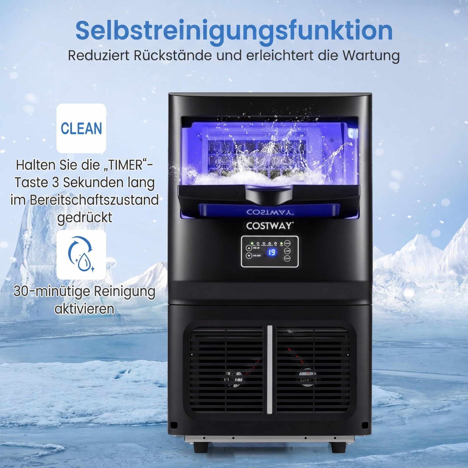 COSTWAY kommerzielle Eiswürfelmaschine 25-30 kg/24 h, gewerblicher Eismaschine aus Edelstahl mit Selbstreinigung, Wasserfilter, Eiswürfelbereiter freistehend/Untertheken für Zuhause, Bar, Restaurant