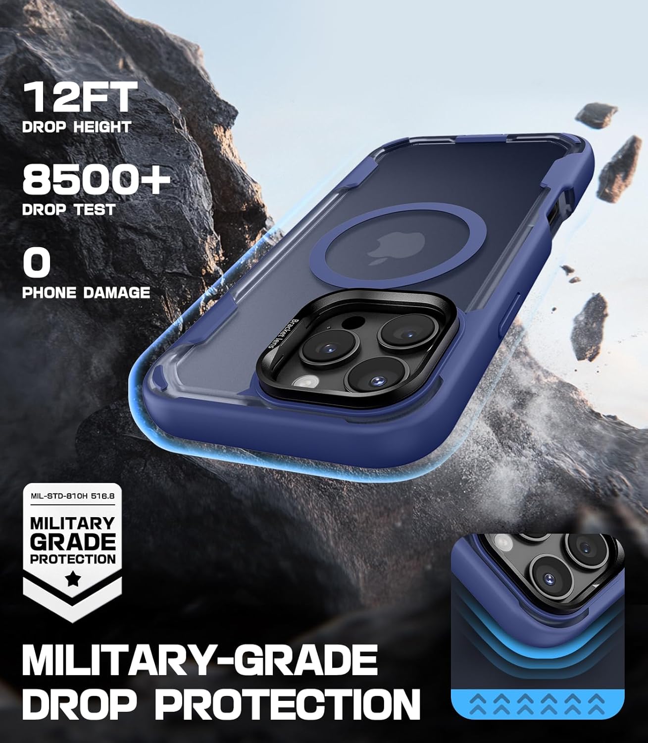 Mobnano for iPhone 16 Pro Max Case, Compatible with MagSafe, Translucent Matte Cover with Built-in Stand, Military-Grade Heavy Duty Protection, Shockproof Case with Camera Lens Guard - Blue