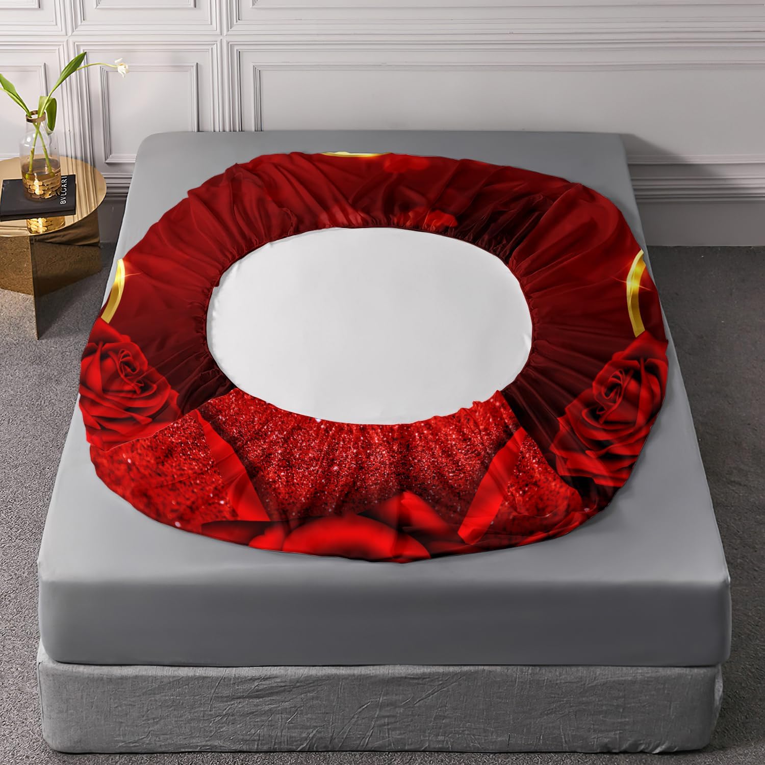 AILONEN Red Rose Fitted Sheet Set Queen Size Bedding Sheets,Romantic Hearts Love Floral Bed Sheet Set,Girls Women Couples Rose Sheet Set 3 Pieces, 1 Fitted Sheet and 2 Pillowcases