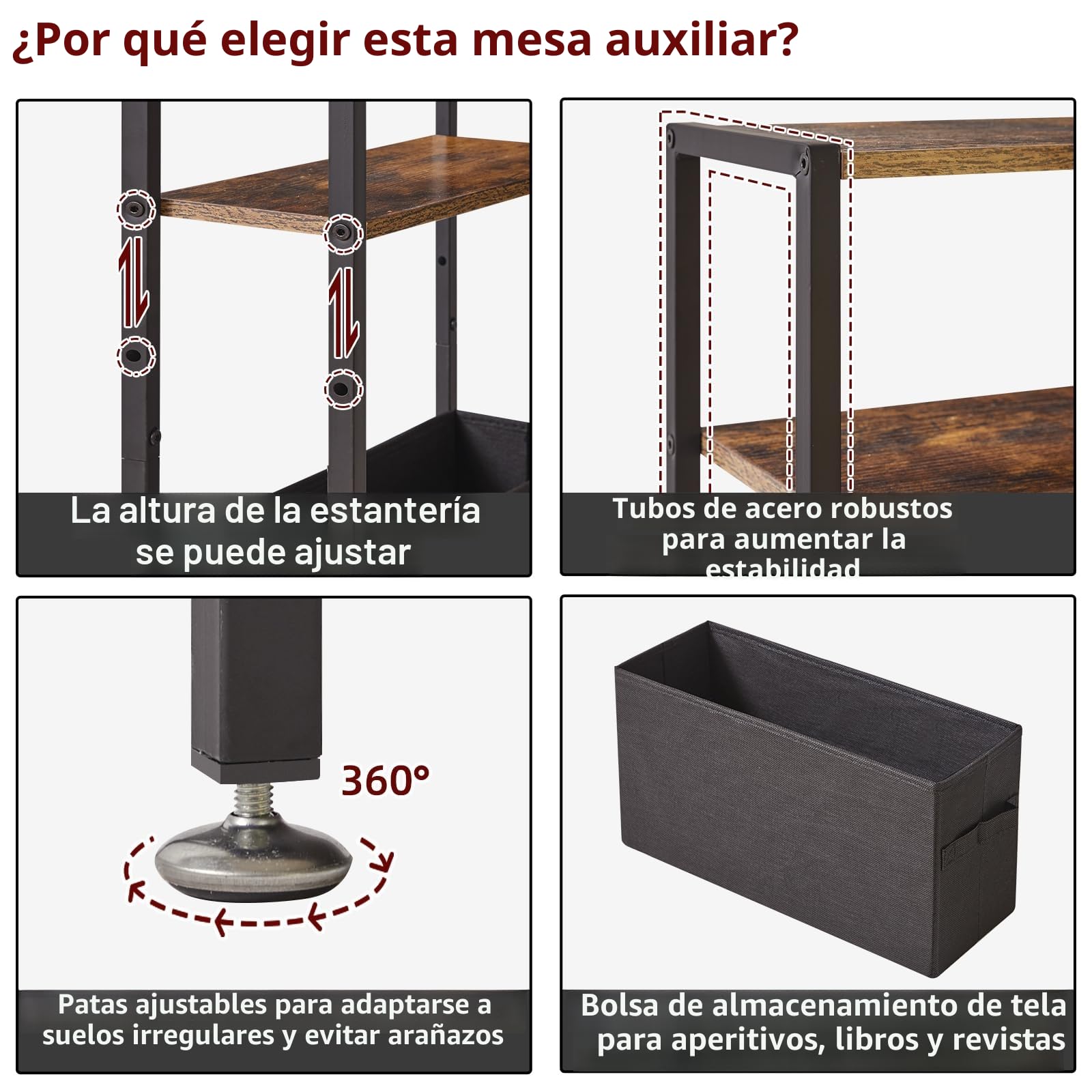 Aibiju Mesa Auxiliar Pequeña y Estrecha de 3 Niveles con Estante de Almacenamiento,Mesas Auxiliares Delgadas con Cesta de Tela para Espacios Estrechos y Pequeños,Marrón Rústico,YD-TM052H
