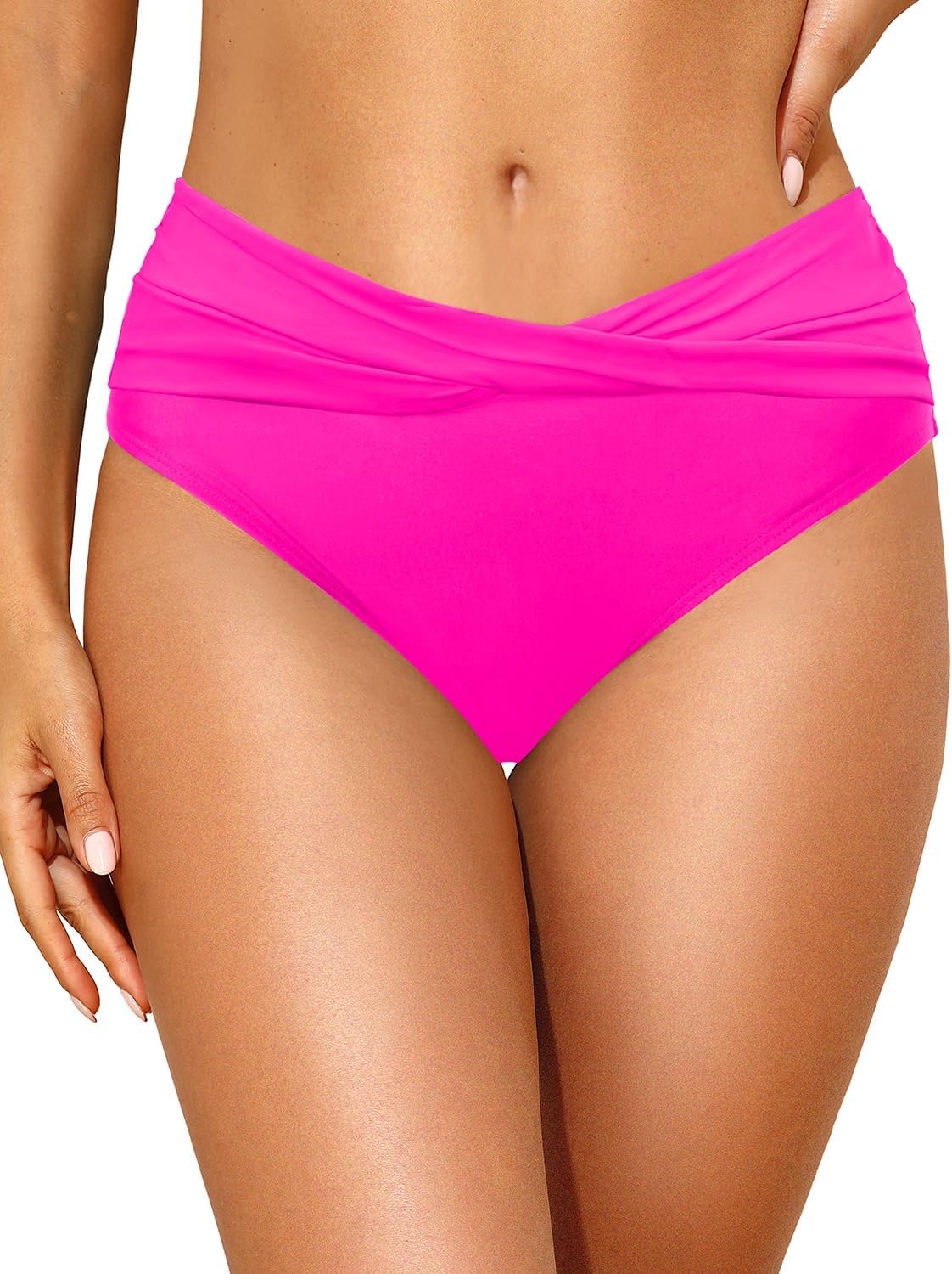 Tempt Me Women Mid Waist Bikini Bottoms - V Cut Bathing Suit Bottoms Twist Front Swimsuit Bottoms Ruched Swimwear 2025