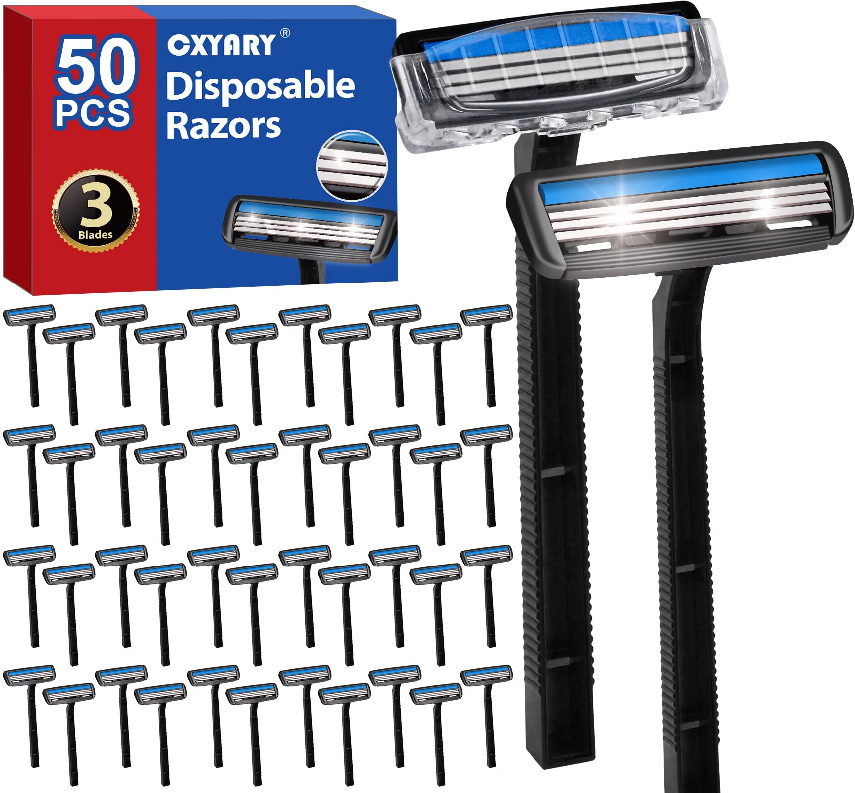 CXYARY 50 Pcs 3 Blade Disposable Razors With Clear Safety Cap Shaving Razors Bulk for Men Women Stainless