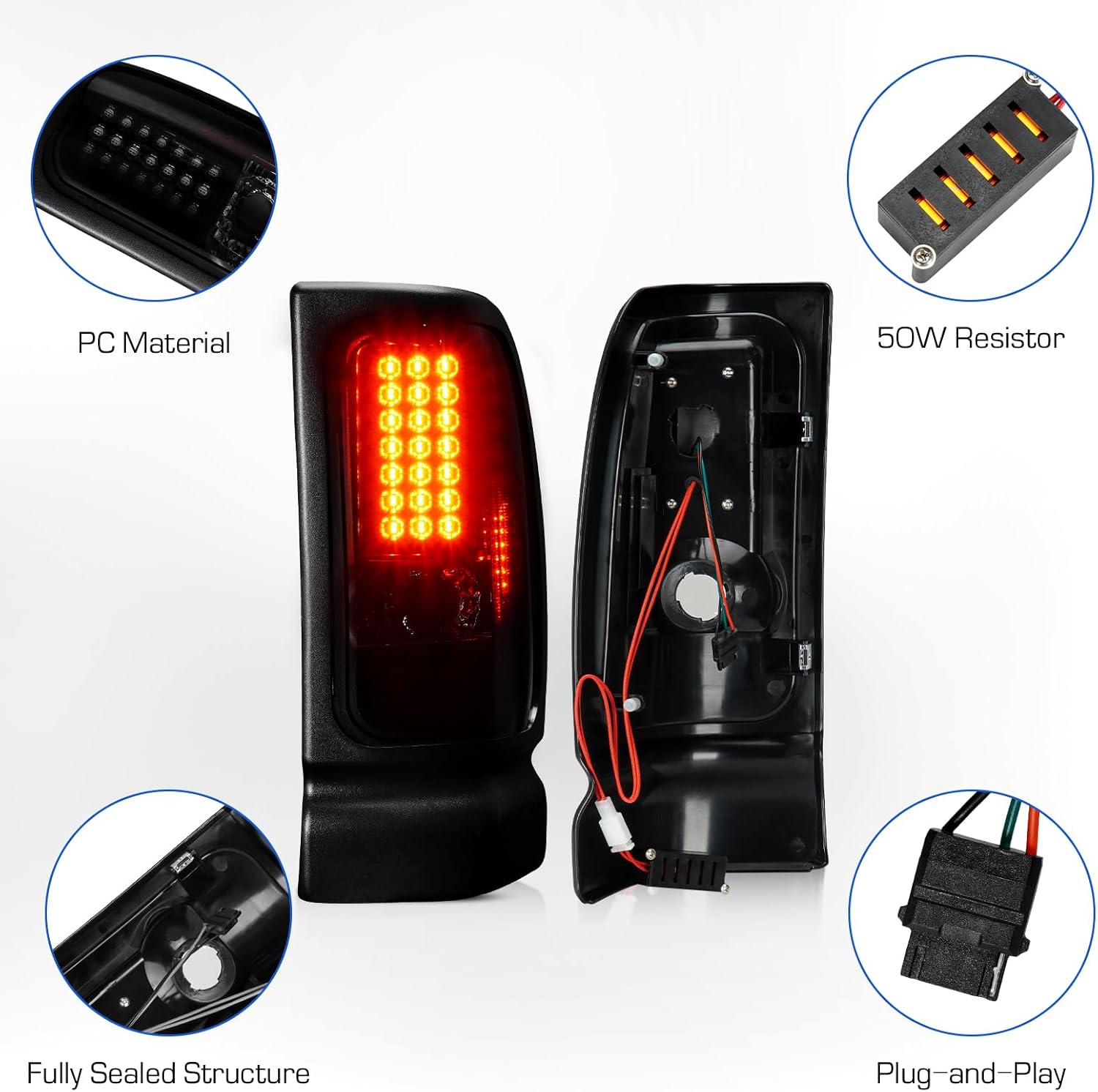 LED Tail Light for Dodge Ram 1500 1994-2001, for Dodge 2500 3500 1994-2002, Rear Brake Lamp Taillight Assembly, Black Housing Smoke Lens