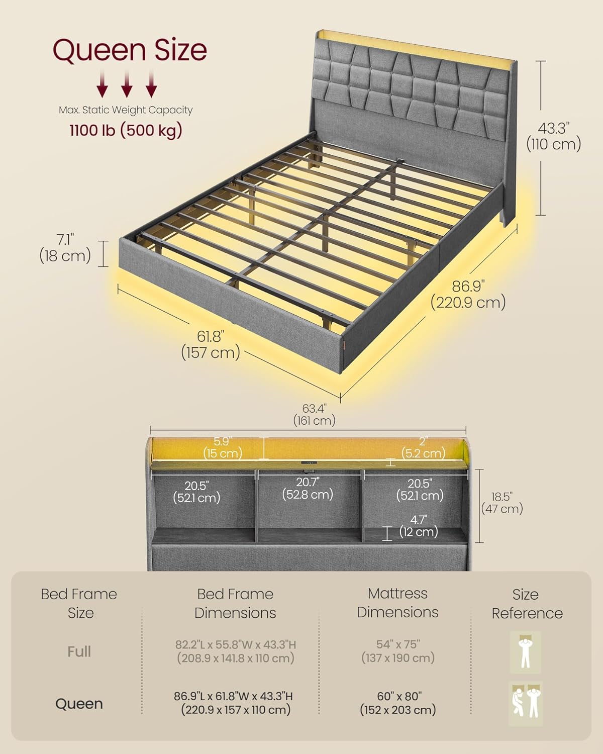 Dimensions of VASAGLE Queen Size Floating Bed Frame