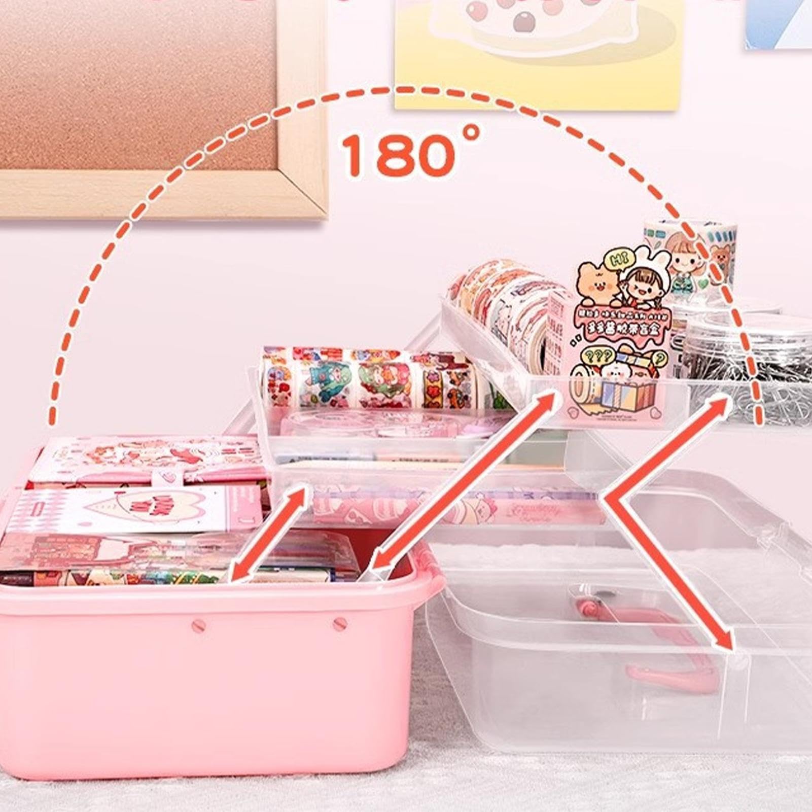 Stationary Organizer Box, Handled Storage Box Pink, Portable Stationary Tool Organizer, Multi-Layer Clear Organizer Box, Medicine Storage Box With Handle, Compact School Supply Organizer Box