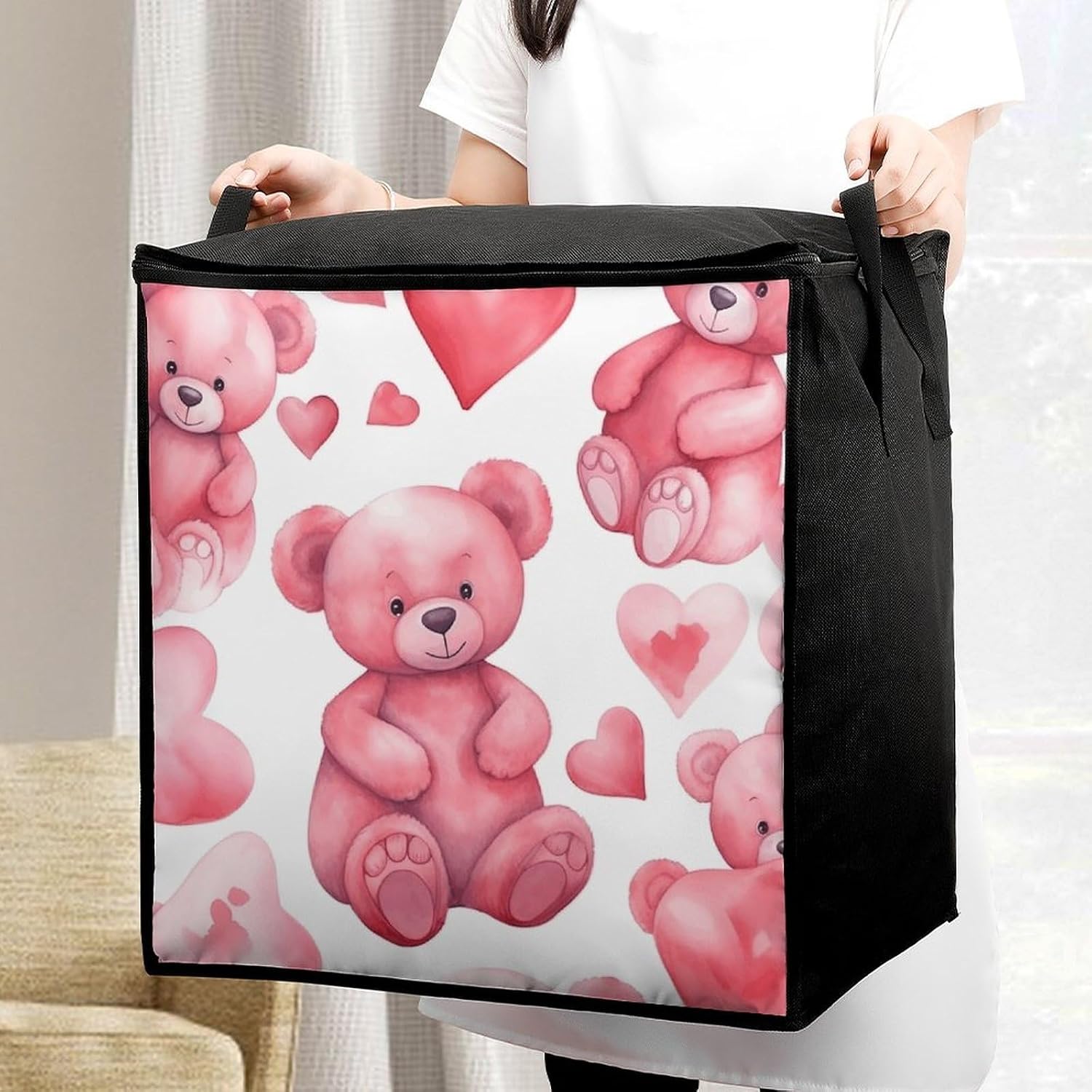 Clothes Storage Bag Personalized Durable Foldable Large Toy Storage Bags with Zipper Moving Bags Luggage Organizer Peach Style Bear Printed Bags image 5