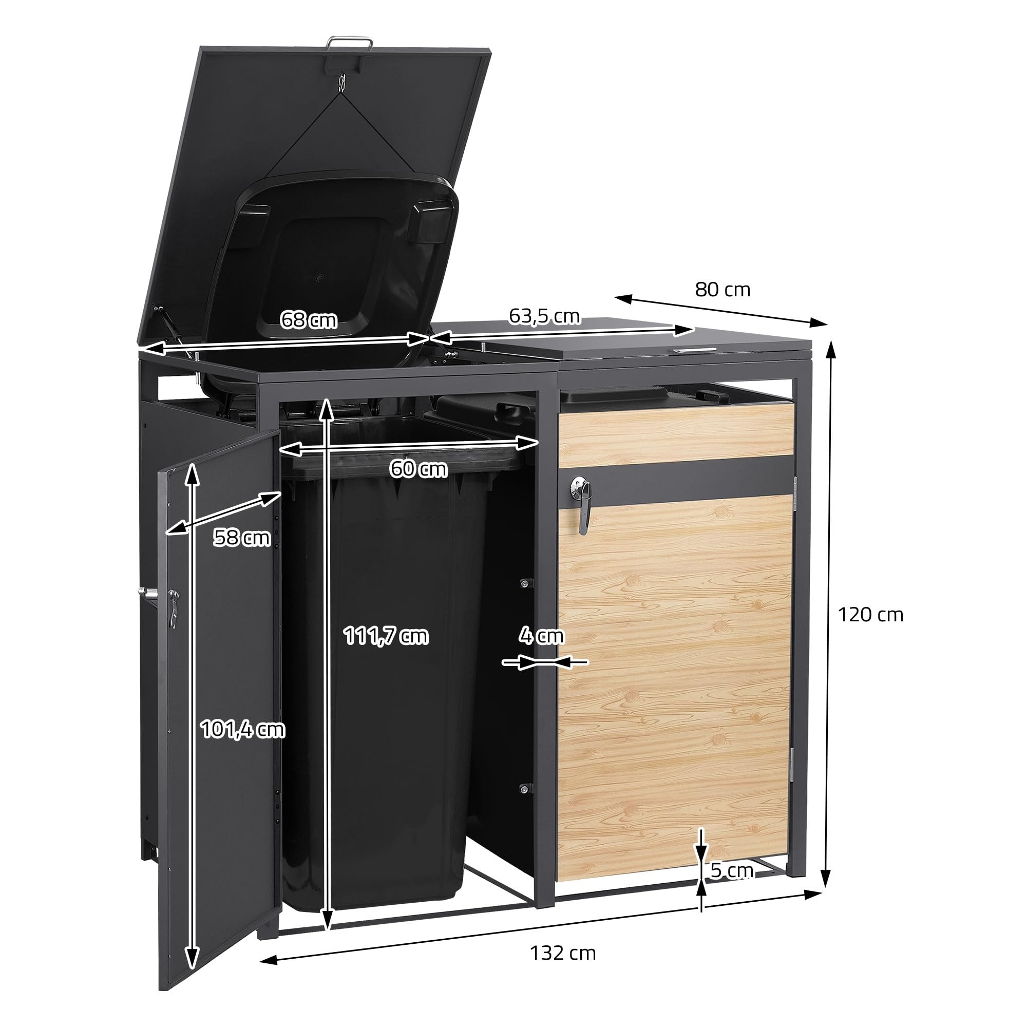 ML-Design Copribidone per Spazzatura per 2 Cestini 240L 132x80x120 cm Antracite Aspetto Larice Acciaio Contenitore per Pattumiera Copri Bidone 2 Sportelli Contenitore per Rifiuti