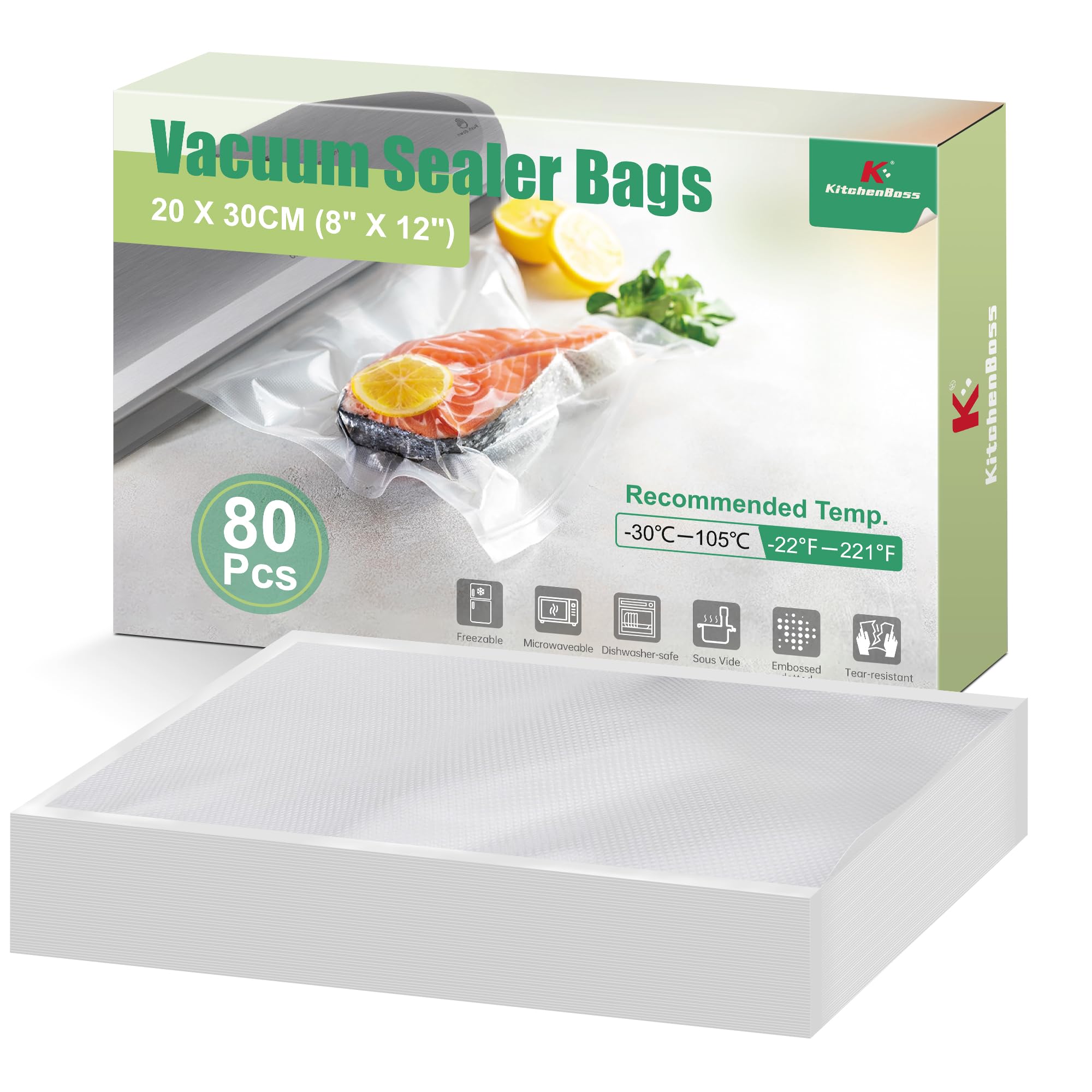 KitchenBoss Vacuum Food Sealer Bags: 20 x 30cm 80 Pcs Sous Vide Bags,BPA Free Embossed Food Storage Saver PreCut Bag,Vac Seal Pack Bags for Vacuum Sealer Machine