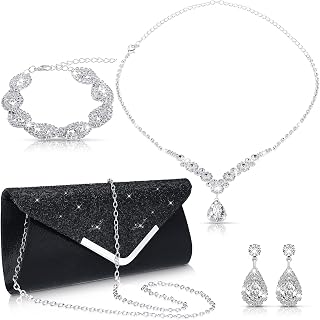 4 Pcs Women Rhinestone Jewelry Set Floral Wave Teardrop Crystal Wedding Necklace Earrings Floral Cluster Wave Bracelet Glitter Envelope Evening Bag Handbag Party Bridal Purse