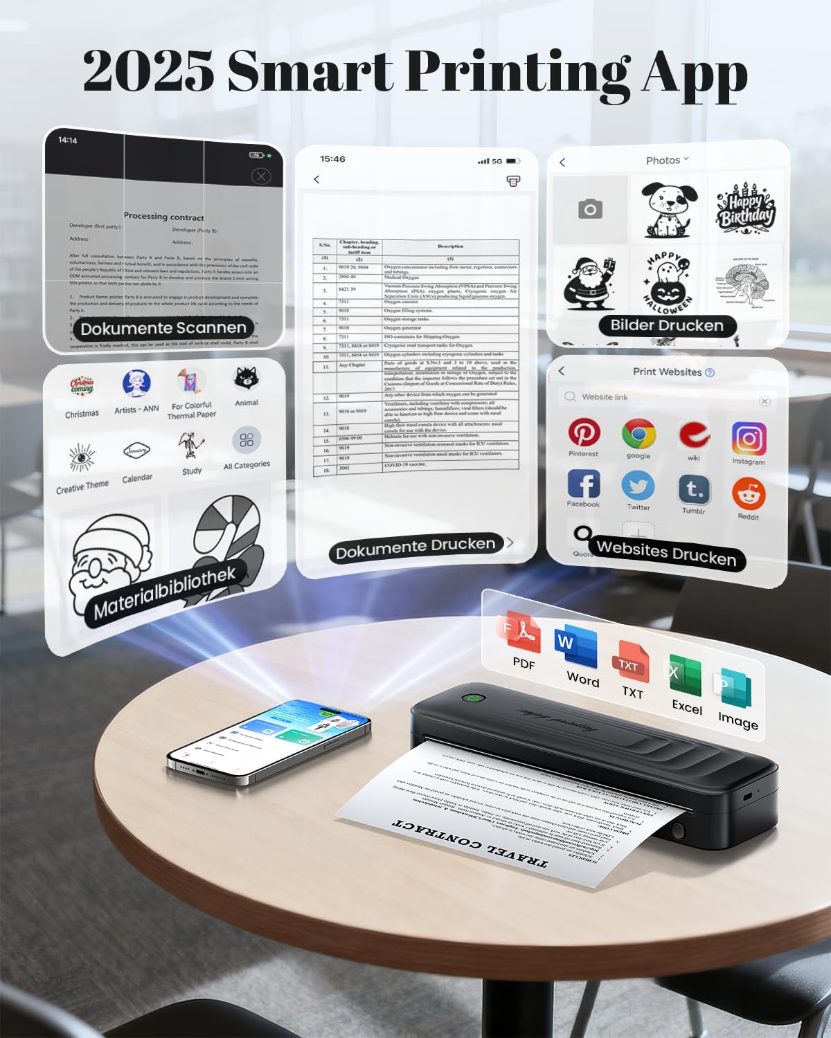 TATTMUSE Thermodrucker A4, Mobiler Drucker A4 für Unterwegs, Bluetooth Tragbarer Drucker für Fahrzeuge, Büro, Zuhause, Schule, Kompatibel mit iOS, Android, Laptop