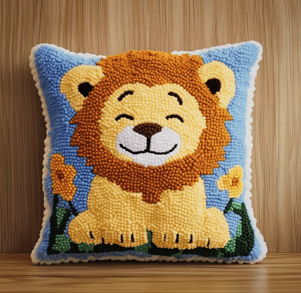 Kitquiver Latch Hook Kits Lion for Adults,Beginners DIY Latch Hook Cushion Kits and Latch Rug Kits Cross-Stitch Embroidery Cushion Cover for Home Sofa Decoration 17X17 in