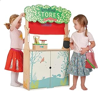 Tender Leaf Toys Woodland Store and Puppet Theater – 2 Sided Reversible Grocery Stand and Hand Puppeteer Stage - Social, Creative, and Imaginative Development – Expressive Role Play – Ages 3 Years +