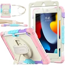 SEYMAC stock Case for iPad 9th/ 8th/ 7th Generation 10.2, Shockproof with Screen Protector, Pencil Holder [360 Rotating Hand Strap] & Stand, for iPad 10.2 inch 2021-2019 Yellowish+Pink