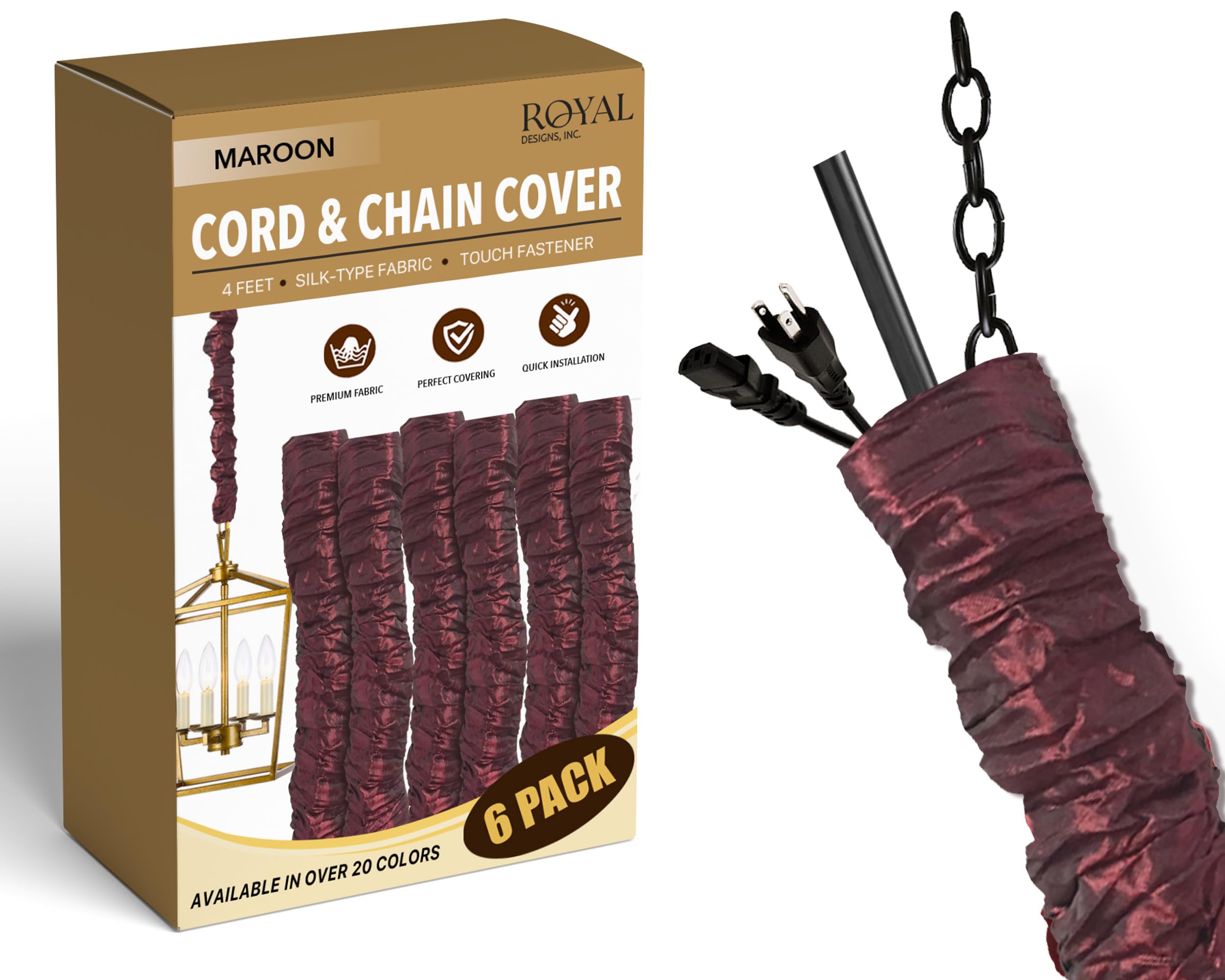 Royal Designs, Inc. Cord &amp; Chain Cover 4 ft Silk Type Fabric, Chandelier Pendant Lighting Chain &amp; Cable Management, Touch Fastener, Maroon - 6 Pack