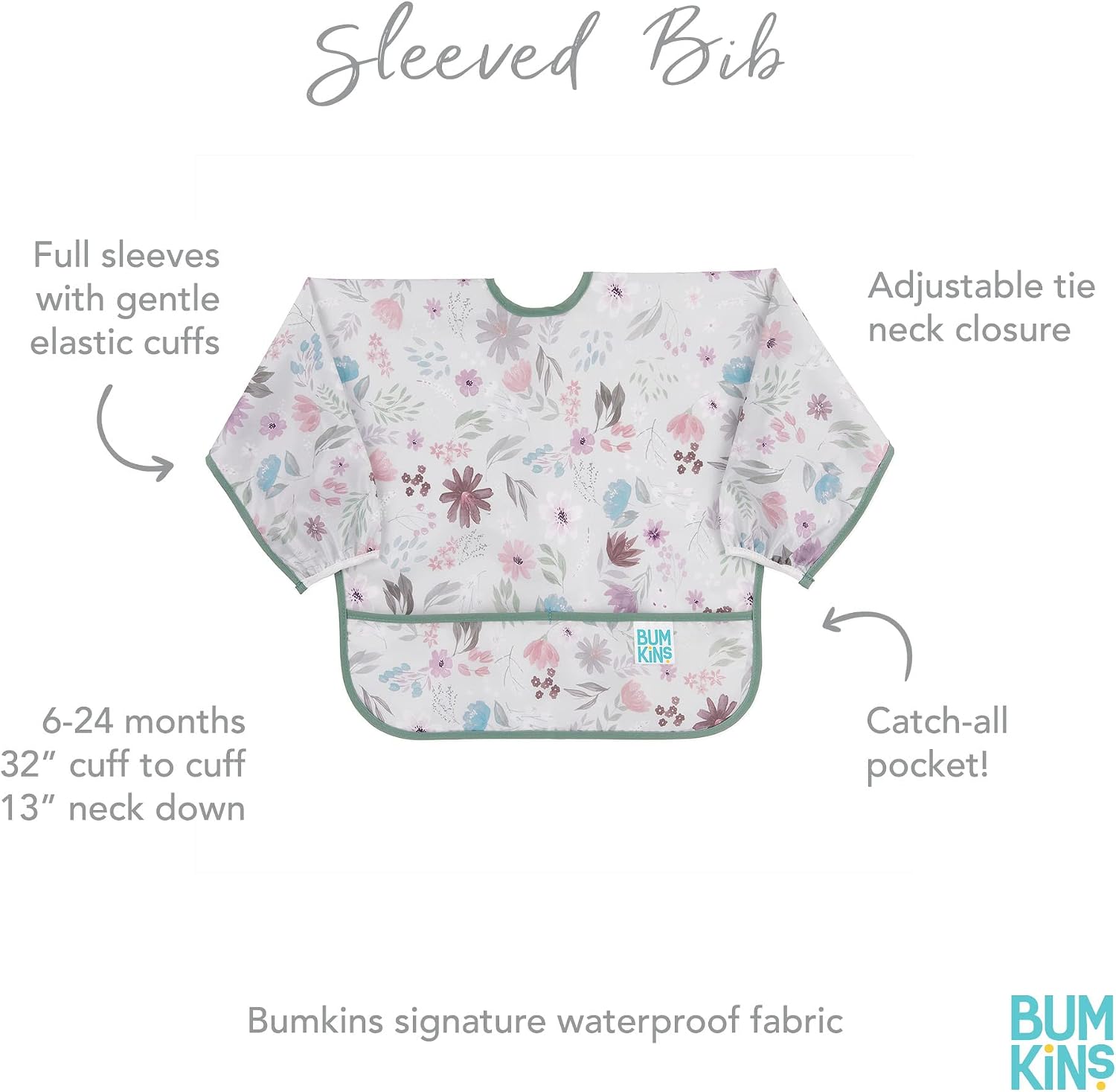 Bumkins Sleeved Bib, Handy Tie Closure for Custom Fit Catch-All Pocket, Baby-Led Weaning, Waterproof, Machine Washable - Image 5