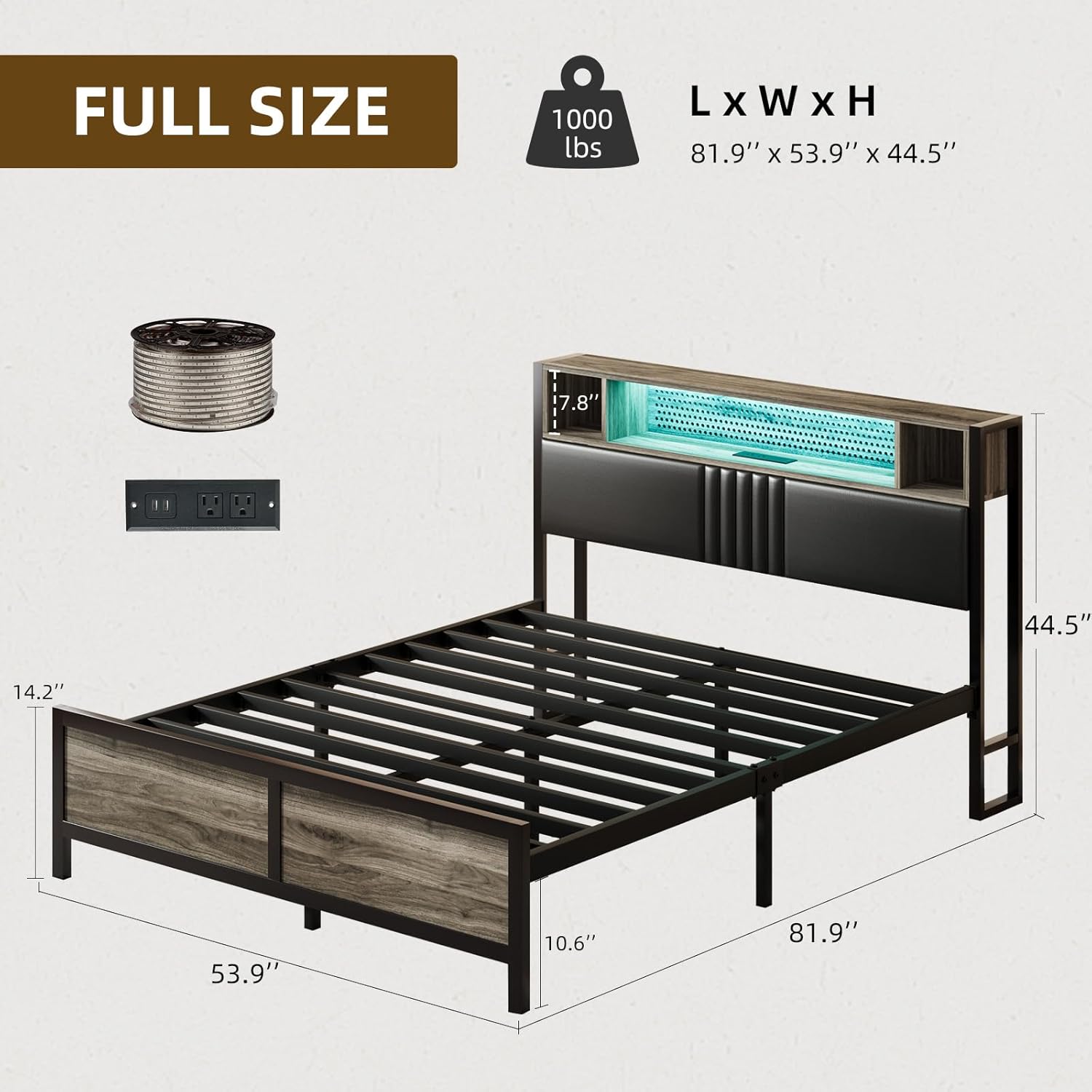 Full Size Bed Frame with LED Light and Charging Station, Full Size Platform Bed Frame with Strong Metal Slat Support, Upholstered Headboard, No Box Spring Needed, Noise-Free, Easy Assembly, Wash Grey