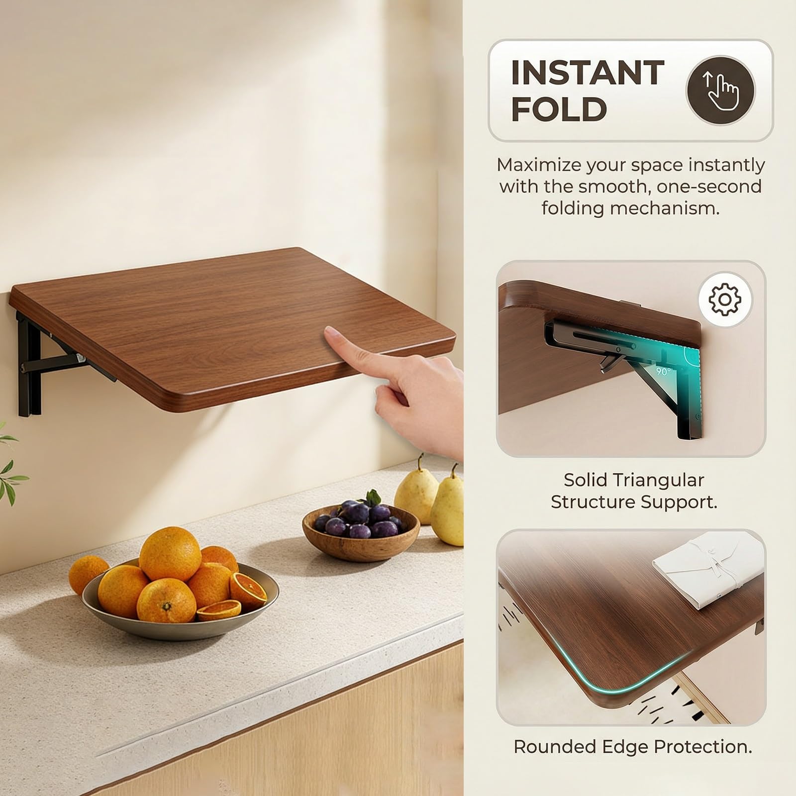 Mesa plegable montada en la pared, escritorio flotante de madera, estante plegable para espacios pequeños, mesa plegable con soportes plegables de metal para lavandería, oficina, cocina