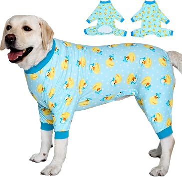 LovinPet Big Dog Wound Care/Surgery Recovery Shirt, Pet Anxiety Shirt, Lightweight Stretchy Knit Fabric, Rubber Ducks with Hats Blue Print Dog Pjs, Weimaraner Pajamas, Pet PJs/Large