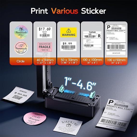 TATTMUSE Bluetooth Thermal Label Printer, 4X6 Shipping Label Printer for Small Business, Thermal Printer Sticker Printer Compatible with Phone, iOS, Android, Windows, Mac, Amazon, Shopify