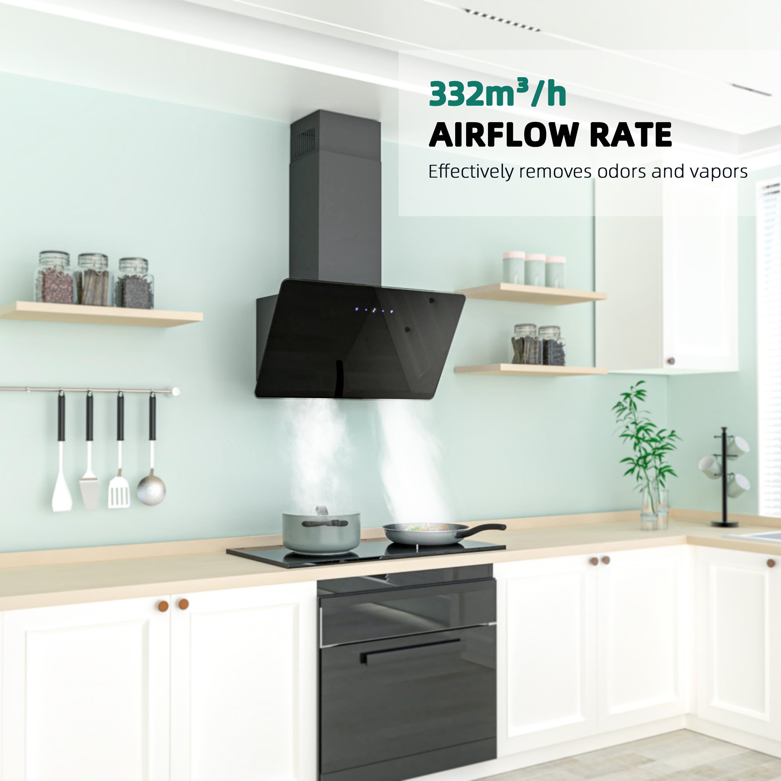 FIREGAS Hotte aspirante 60cm, Hotte aspirante à évacuation/circulation d'air avec Touch Control,LED, Moteur sans balais,silencieuse, Hotte aspirante puissante, Hotte inclinée, efficacité A++