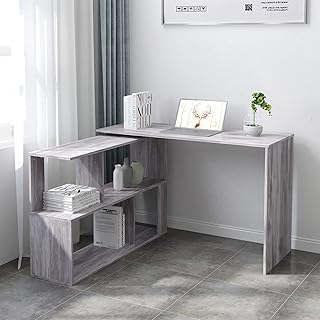 Hadwi Computer Desk,L-Shape Office Desk PC Gaming Desk Wood Space Saving Rotatable Corner Desk Computer Workstation Study Table for Home/Office (Gray)