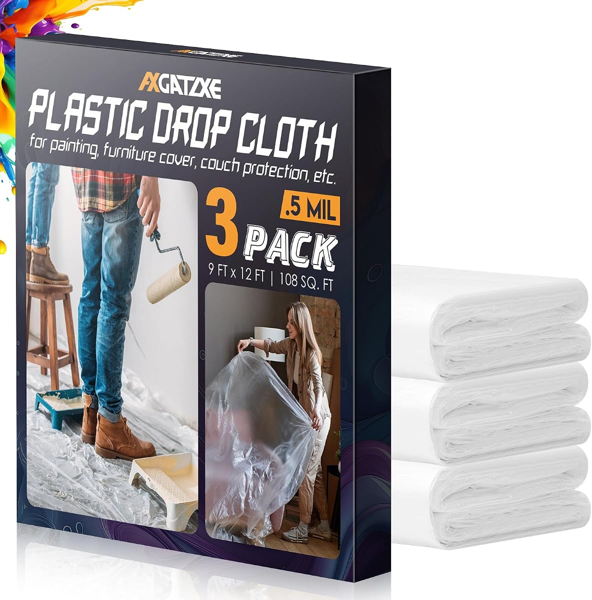 Axgatoxe Paños de plástico para pintar de 12 x 9 pies (paquete de 3) | Láminas y lonas plásticas de pintor para suministros de pintura, cubierta protectora impermeable y a prueba de polvo para muebles/sofás/suelos