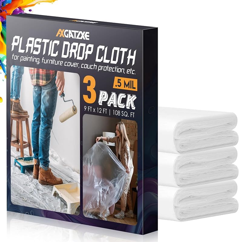 Axgatoxe Paños de plástico para pintar de 12 x 9 pies (paquete de 3) | Láminas y lonas plásticas de pintor para suministros de pintura, cubierta protectora impermeable y a prueba de polvo para muebles/sofás/suelos