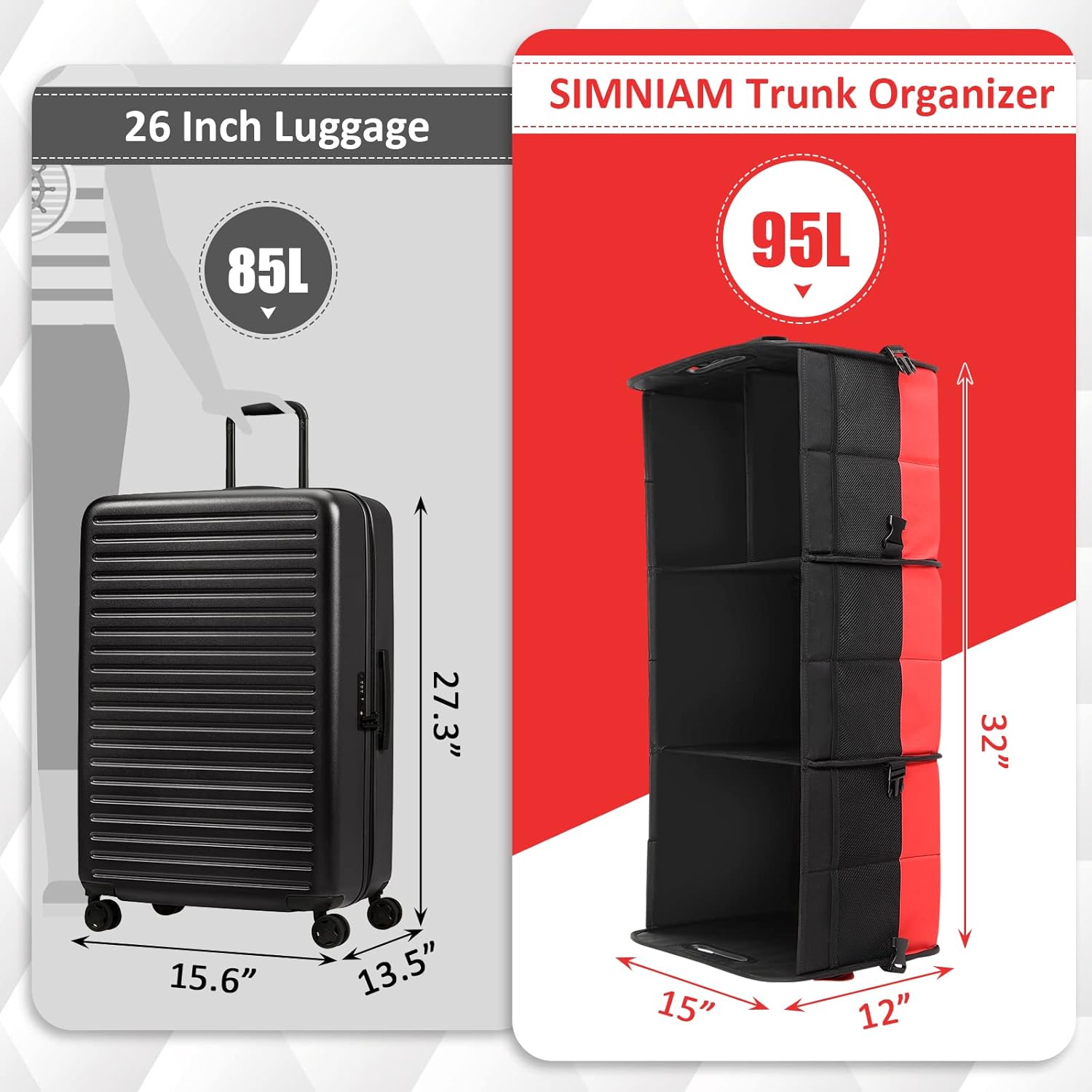 SIMNIAM Car Trunk Organizer Large 95L, Foldable, Non-Slip, Car Storage Organizer Made of Thick Material, Apply to Organizing The Trunk Outdoor Travel Shopping Camping - Red : Automotive