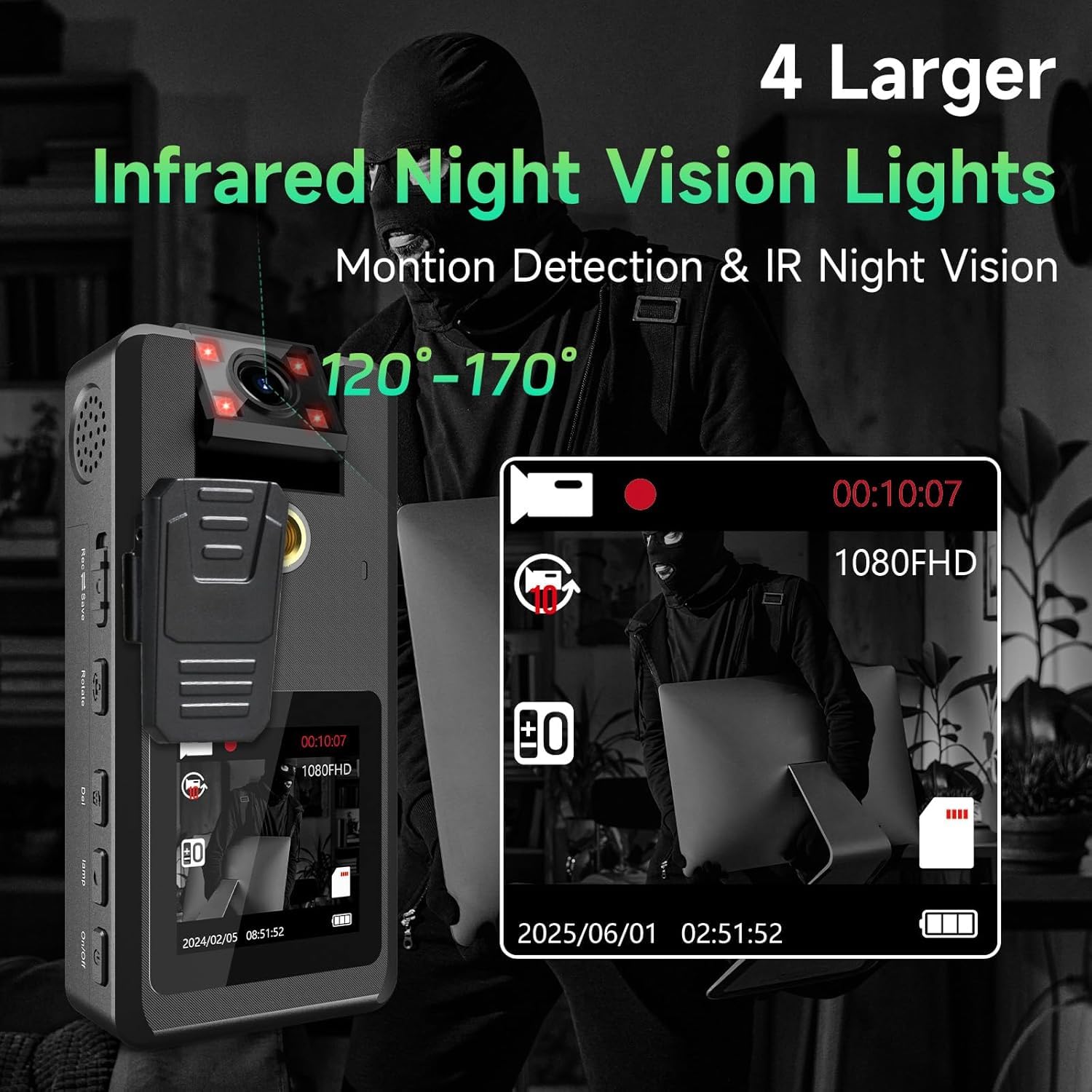Caméra de Corps 1296P 32G, 4260mAh 20H Caméra Corporelle Video avec Audio, Objectif Rotatif à 180°, Wevoor Mini Pocket Boycam Police Portable avec 360° Clip Vision Nocturne pour Extérieur/Voyages