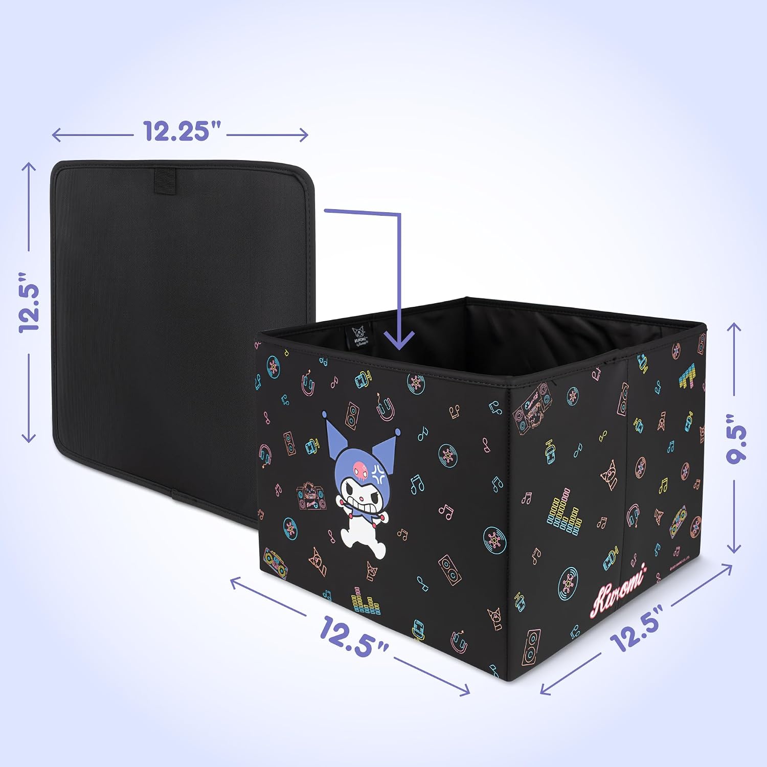 Sanrio Kuromi Car Trunk Organizer and Storage Bin - Collapsible Simple Compartment Convenient Heavy Duty, Fold Up for Easy Storage Box, Automotive Seat Cargo for Groceries Tools - 12.5L x 12.5W x 9H