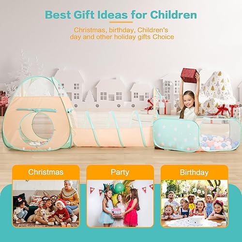 Miniatura 6 de SISTICKER Tienda de campaña 3 en 1 para niños con piscina de pelotas y túnel de juego, juguetes de escalada para niños, niñas, bebés, casa de juegos