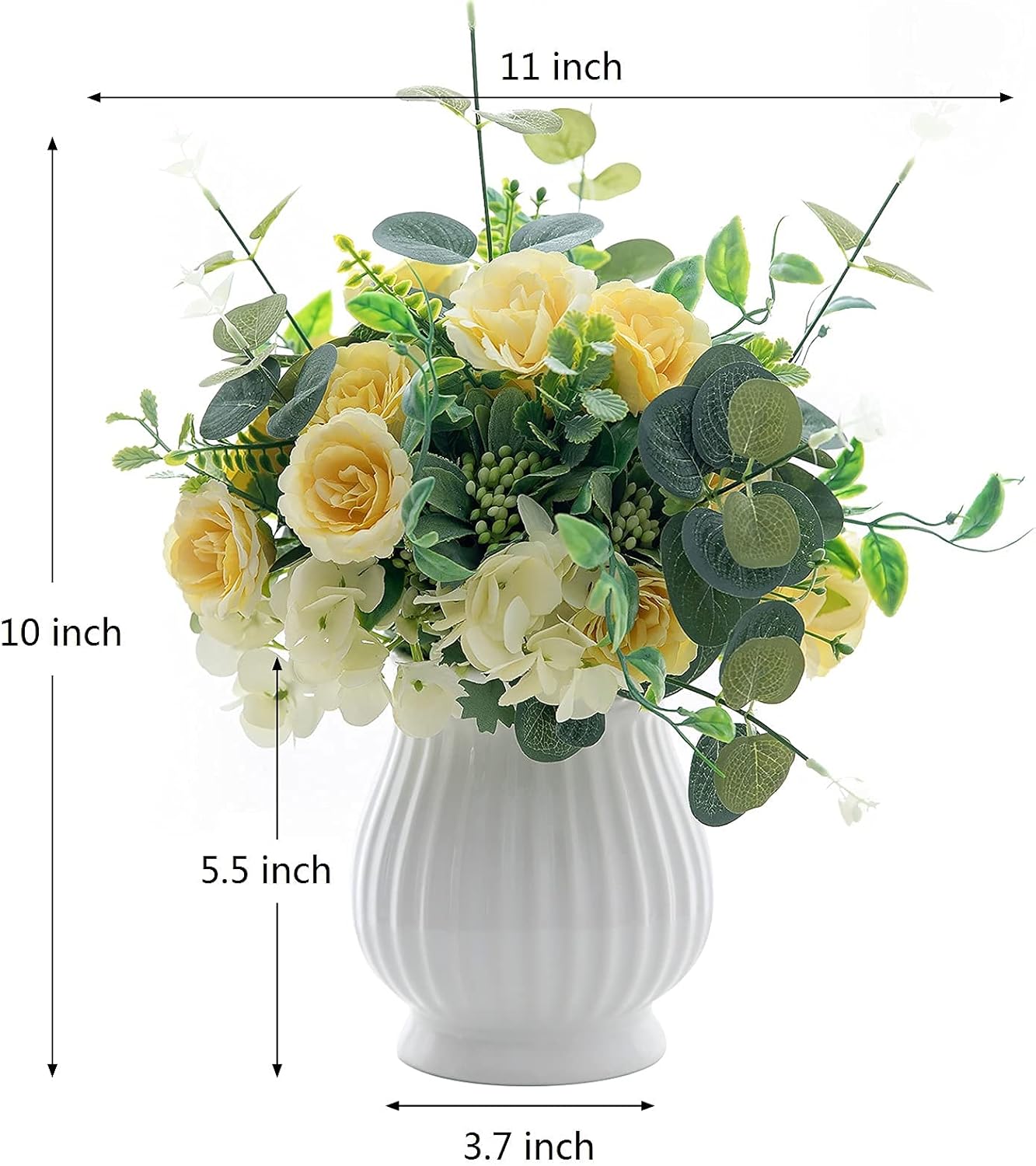 Artificial Flowers in Vase Silk Rose Bouquets Flowers Arrangements for Kitchen Table Centerpiece, Fake Faux Silk Flowers for Room Decor (Yellow)
