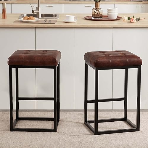 Miniatura 5 de DUHOME Juego de 2 taburetes de bar de 28 pulgadas de altura, sillas de comedor tapizadas de piel sintética con botones y reposapiés y patas