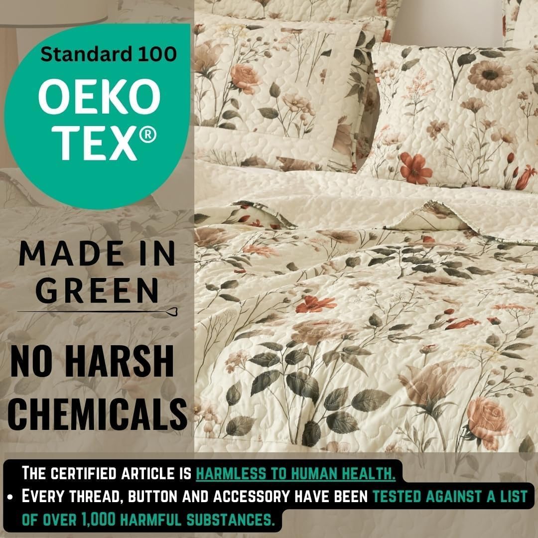 DaDalogy Enchanted Meadow 11-Pieces Bed in a Bag Set - Victoria Garden Delicate Floral Symphony in Beige, Rose, and Soft Green, Luxuriously Soft Quilted Complete Bedding Set - Full