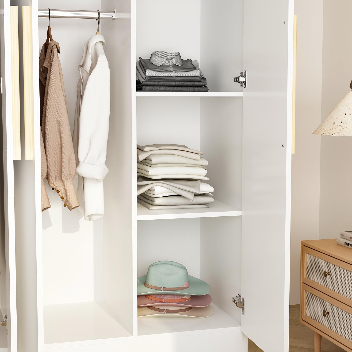 Close-up of the shelves inside the wardrobe