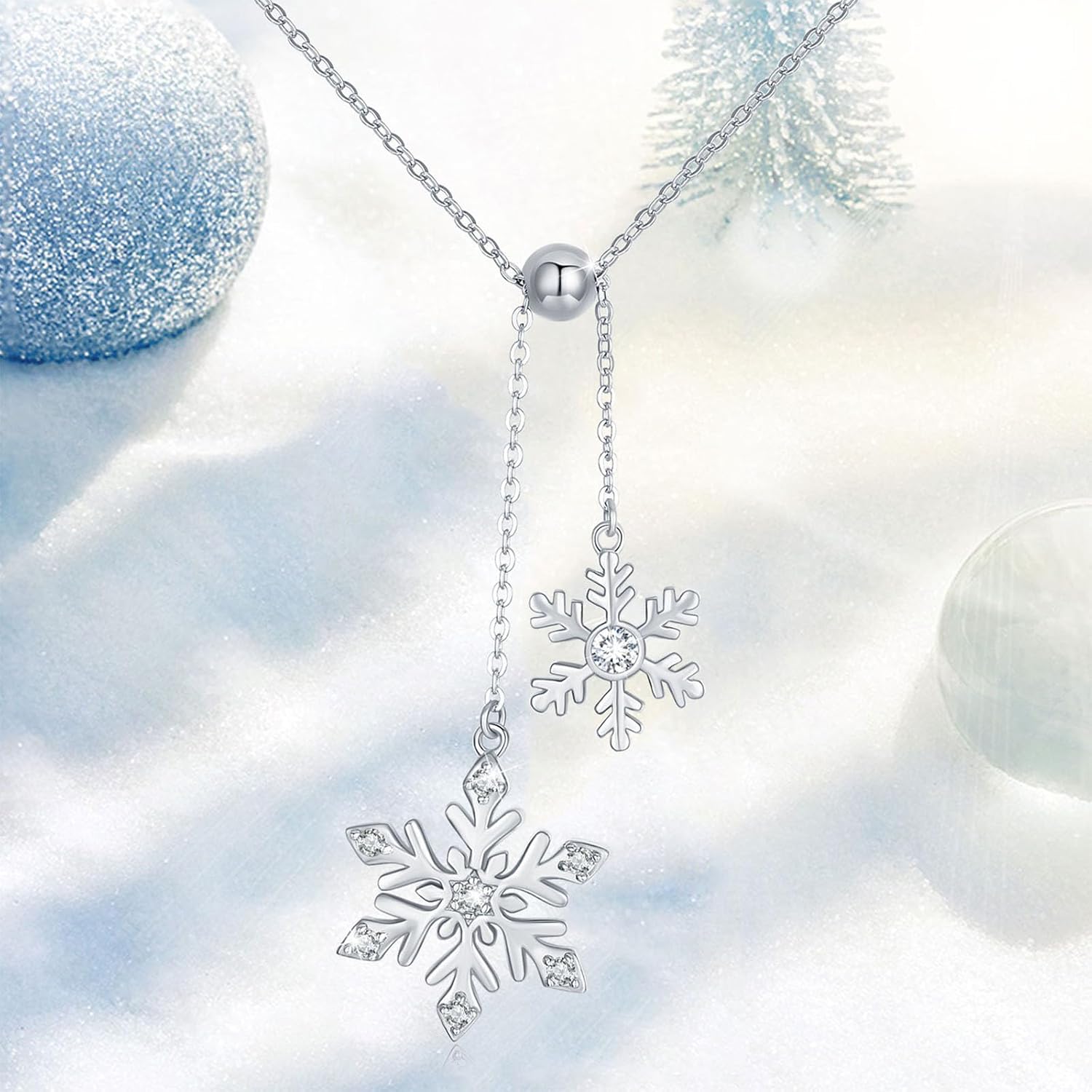 CUOKA MIRACLE Snowflake Necklace Sterling Silver Frozen Double Snowflake with Shiny Cubic Zirconia Pendant Winter Jewerly Elegant Snow Gift for Women Girlfriend Sweater Christmas Thanksgiving Daily