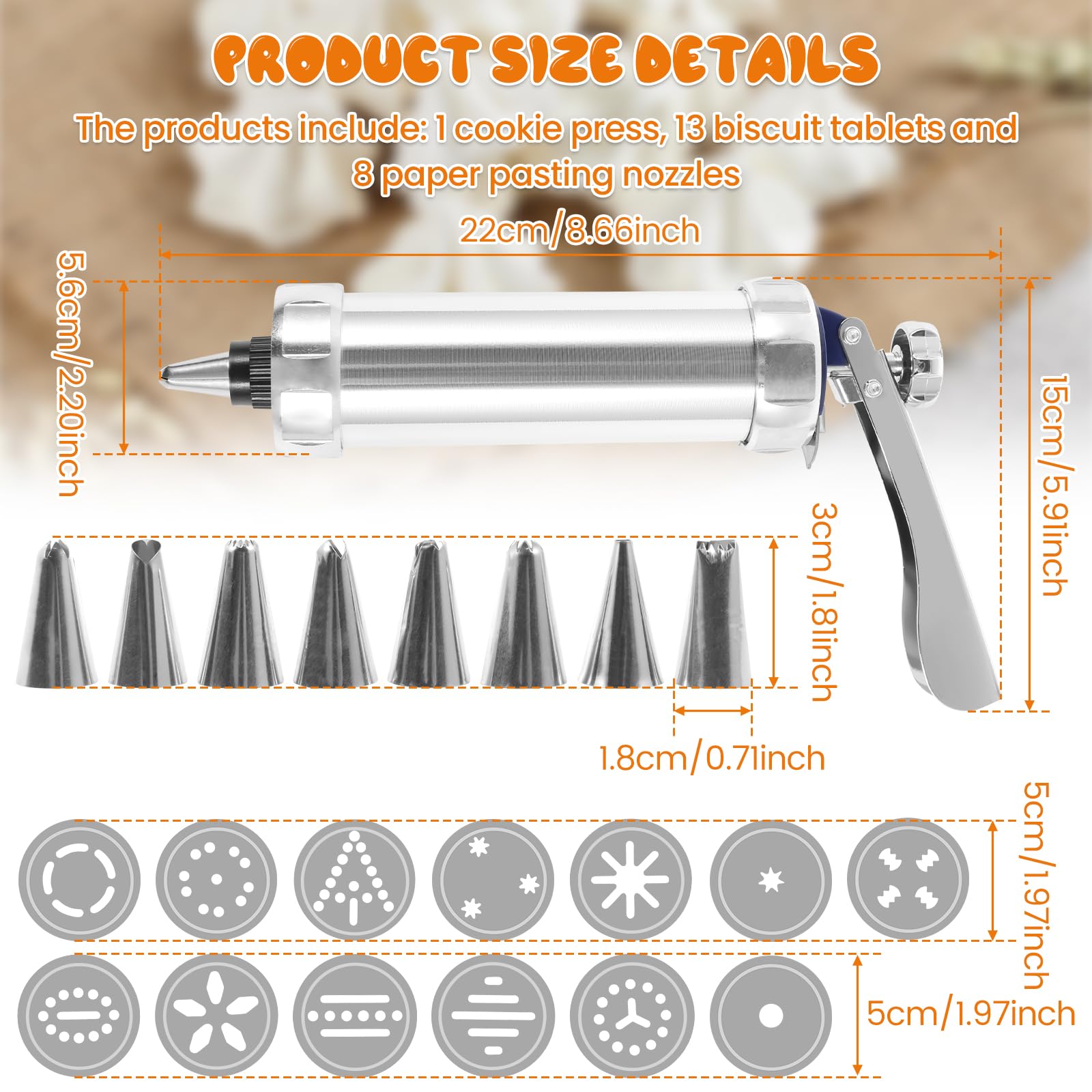 Fyrome Cookie Press Kit, 13 Cookie Discs & 8 Icing Nozzles, Stainless Steel & Aluminum, Easy to Use & Clean, Perfect for Various Occasions